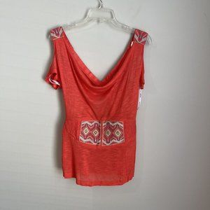 New Lulumari Coral Embroidered Cold Shoulder Open Back Blouse